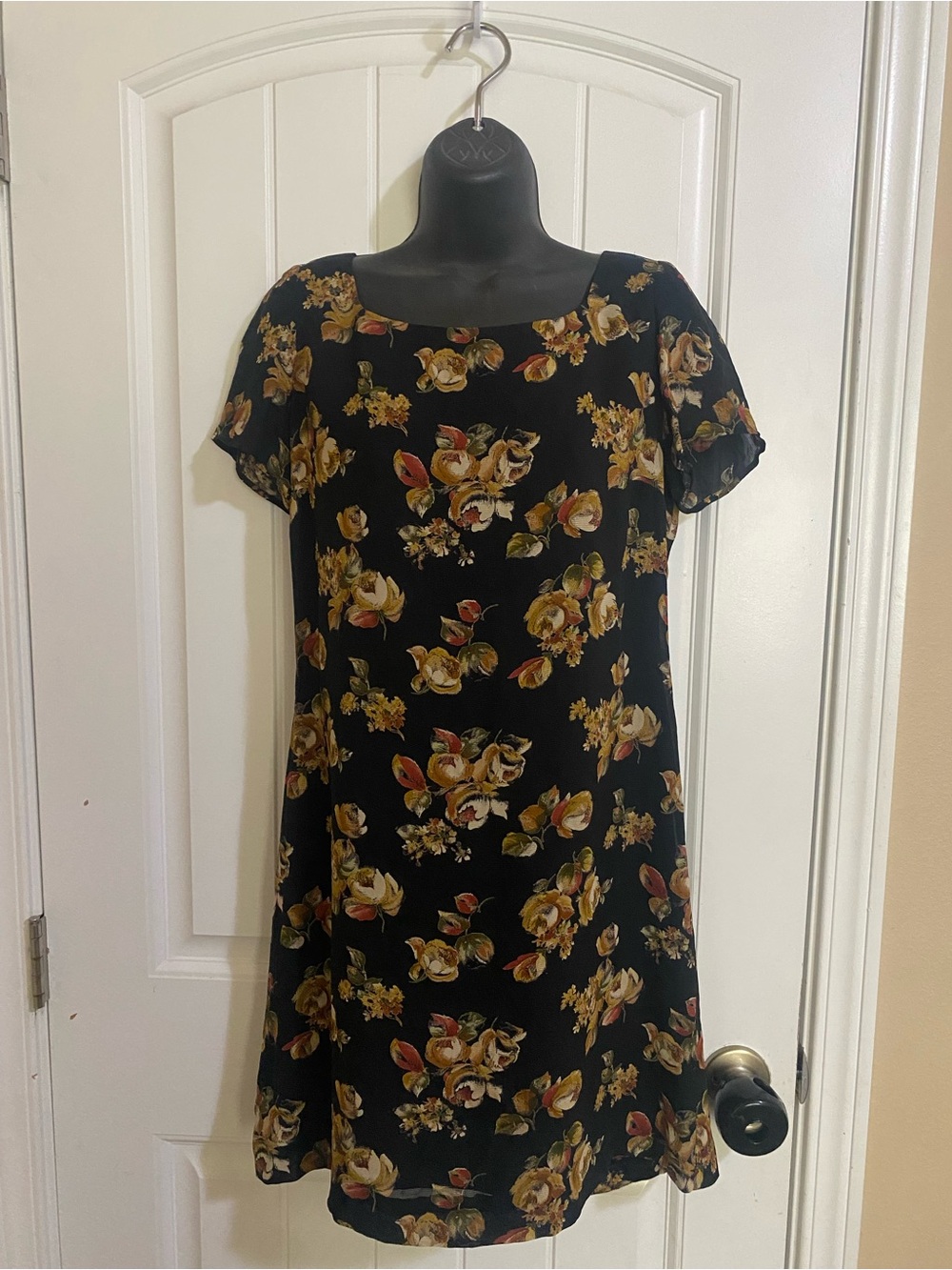 Vintage ISADORA Black Floral Mini Dress with Square Neck